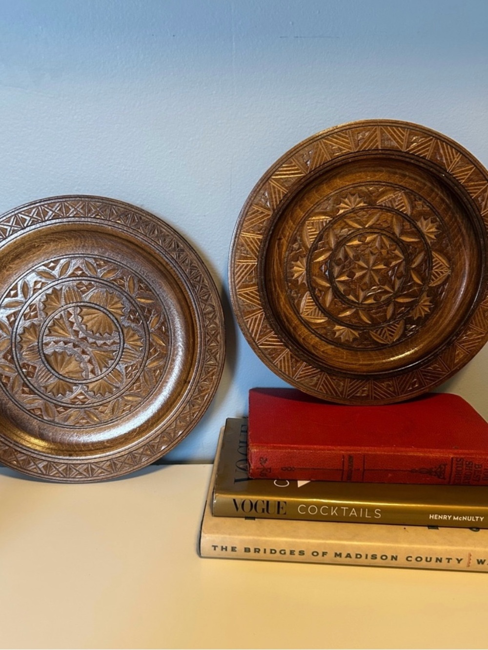 Vintage Carved Wood Wall Plates Pair
Boho Rustic Farmhouse